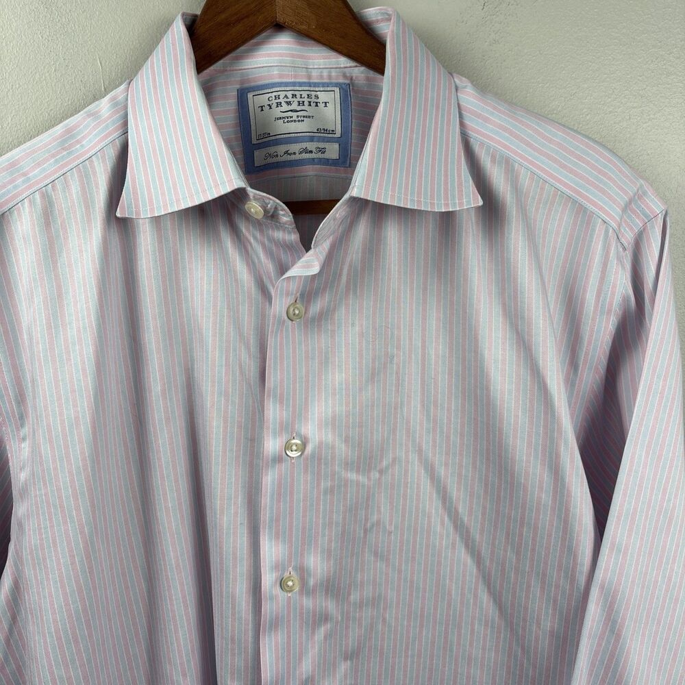 Charles Tyrwhitt Dress Shirt Men 17-43” Slim Fit Blue Pink Stripe Long Sleeve